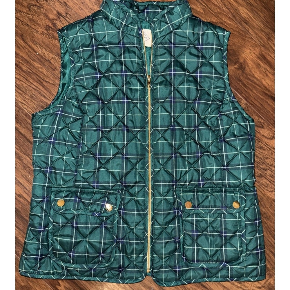 Green Plaid Vest Sz Large, Tailgate Chic! Gold Zipper Preppy Spring Summer